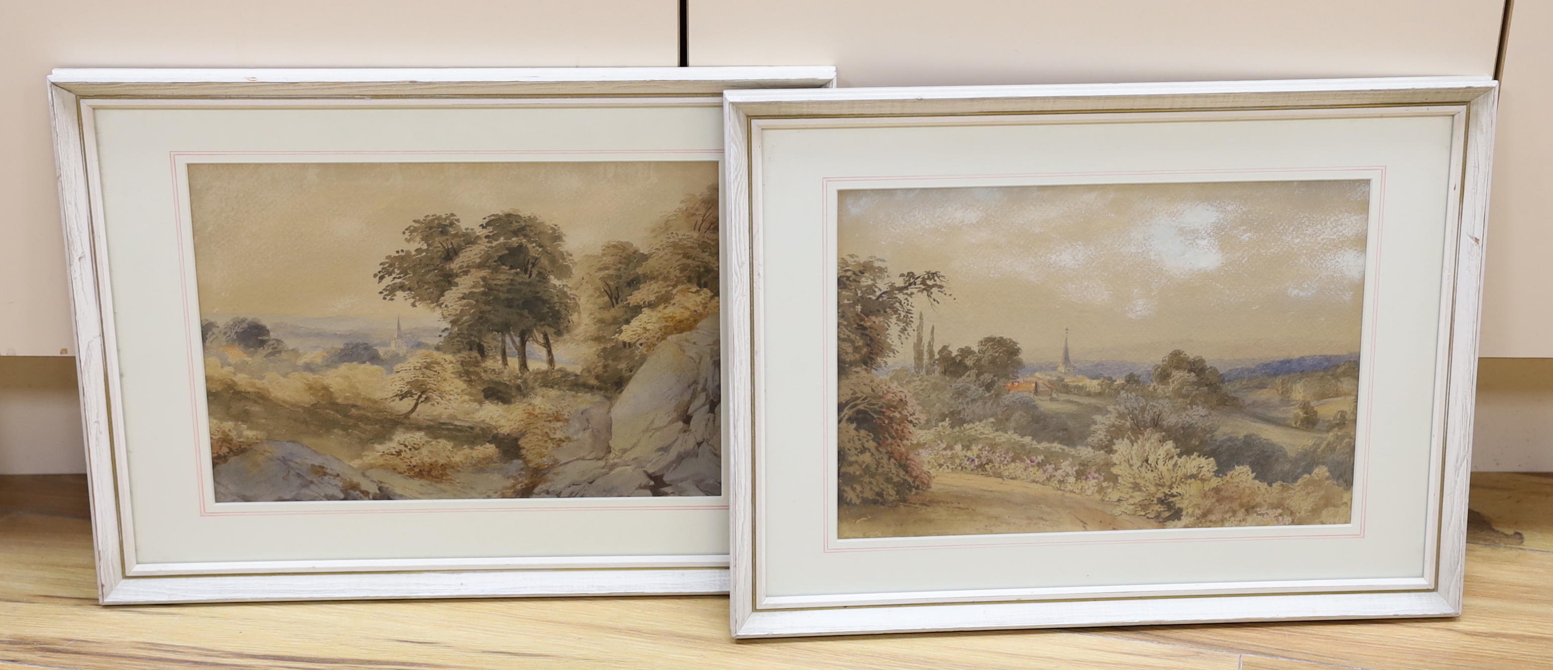 Late 19th / early 20th century English School, pair of watercolours, Landscapes before church spires, 22 x 32cm